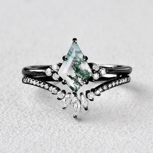 Unique Moss Agate Engagement Couple Ring Set 3pcs - Lydia