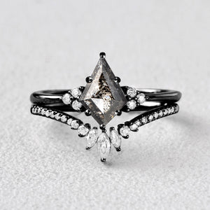 Black Gold Moss Agate Engagement Ring Set 2pcs - Lydia