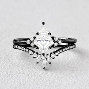 Black Gold Moss Agate Engagement Ring Set 2pcs - Lydia