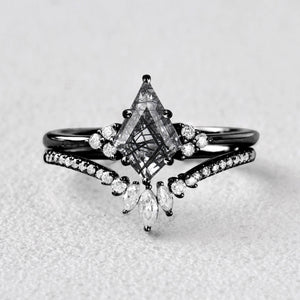 Black Gold Moss Agate Engagement Ring Set 2pcs - Lydia