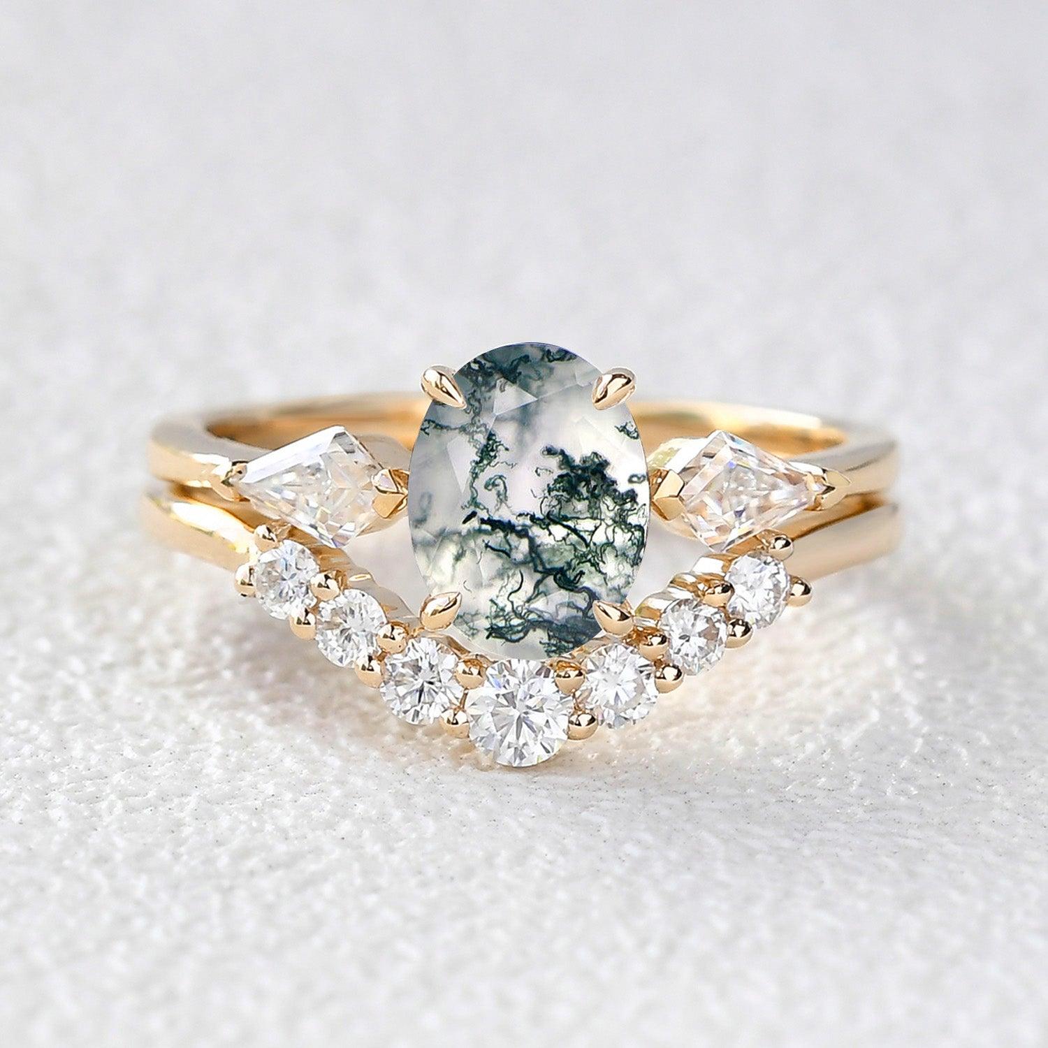 Oval Moss Agate Three Stone Twinning Kites Engagement Ring Set 2pcs