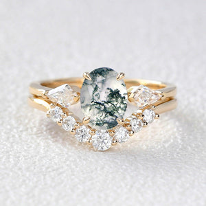 Oval Moss Agate Three Stone Twinning Kites Engagement Ring Set 2pcs