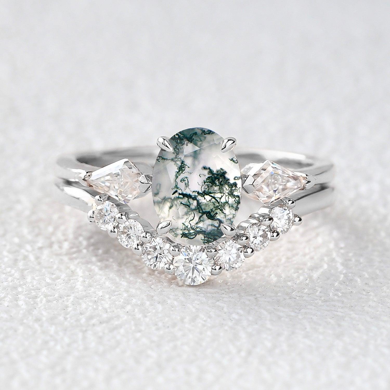 Oval Moss Agate Three Stone Twinning Kites Engagement Ring Set 2pcs