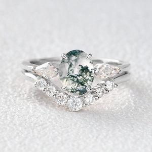 Oval Moss Agate Three Stone Twinning Kites Engagement Ring Set 2pcs