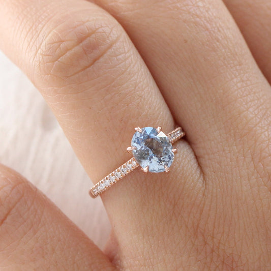 2.02 Ct Oval Aqua Blue Sapphire Diamond Ring in 14k Rose Gold Grace Solitaire, Size 6.25