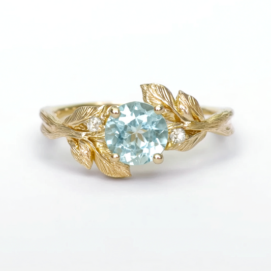 Solid Gold Blue Aquamarine Engagement Ring, Aquamarine Engagement ring
