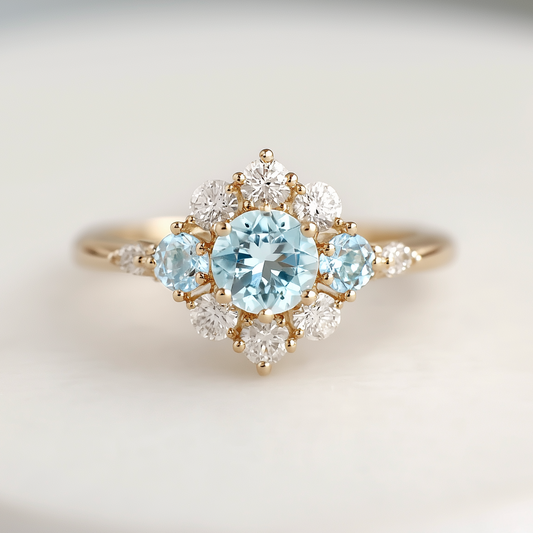 Snow Fall Aquamarine Engagement Ring, 14k Gold Aquamarine Engagement ring