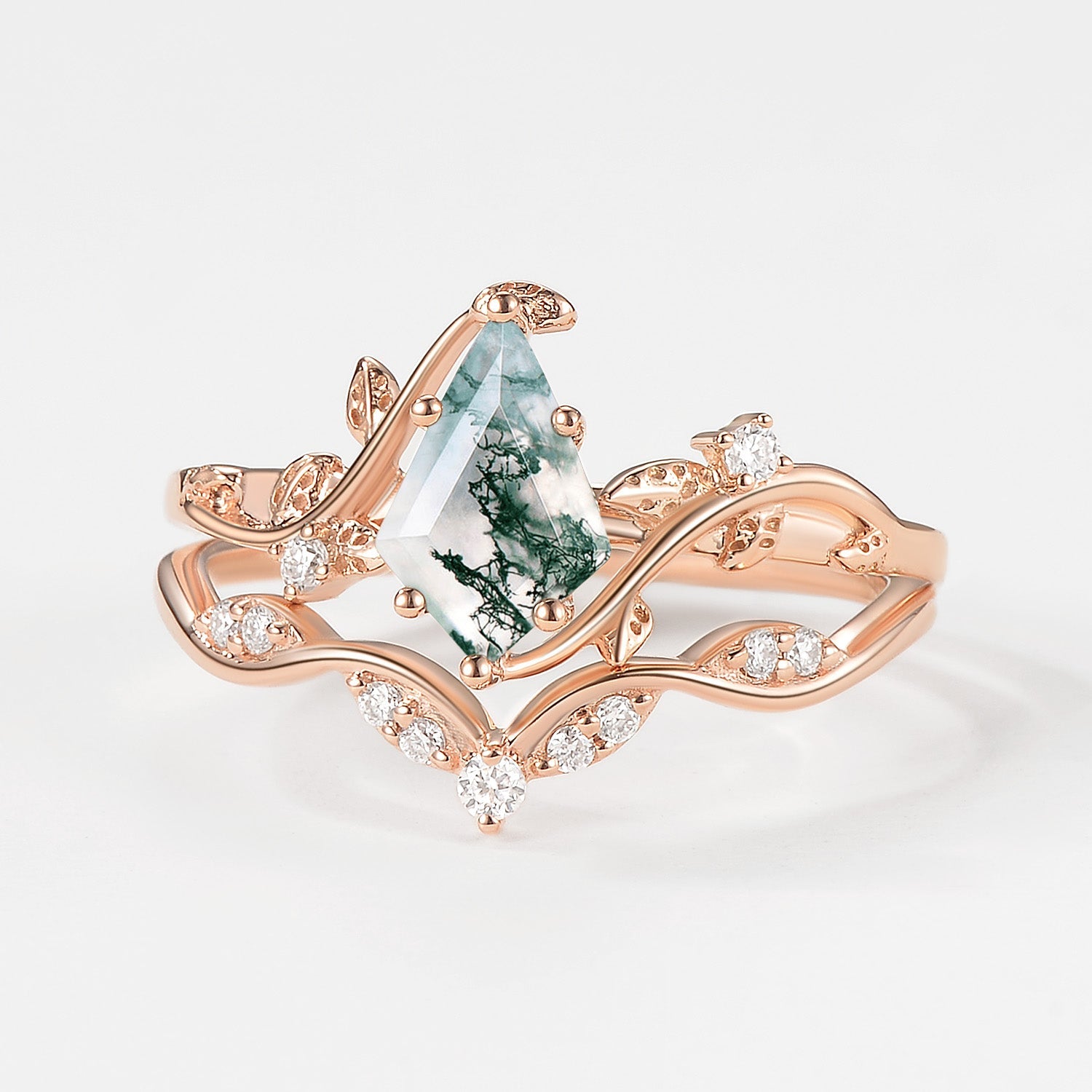 Green Vine Kite Cut Moss Agate Leafy Engagement Ring Sets 2pcs