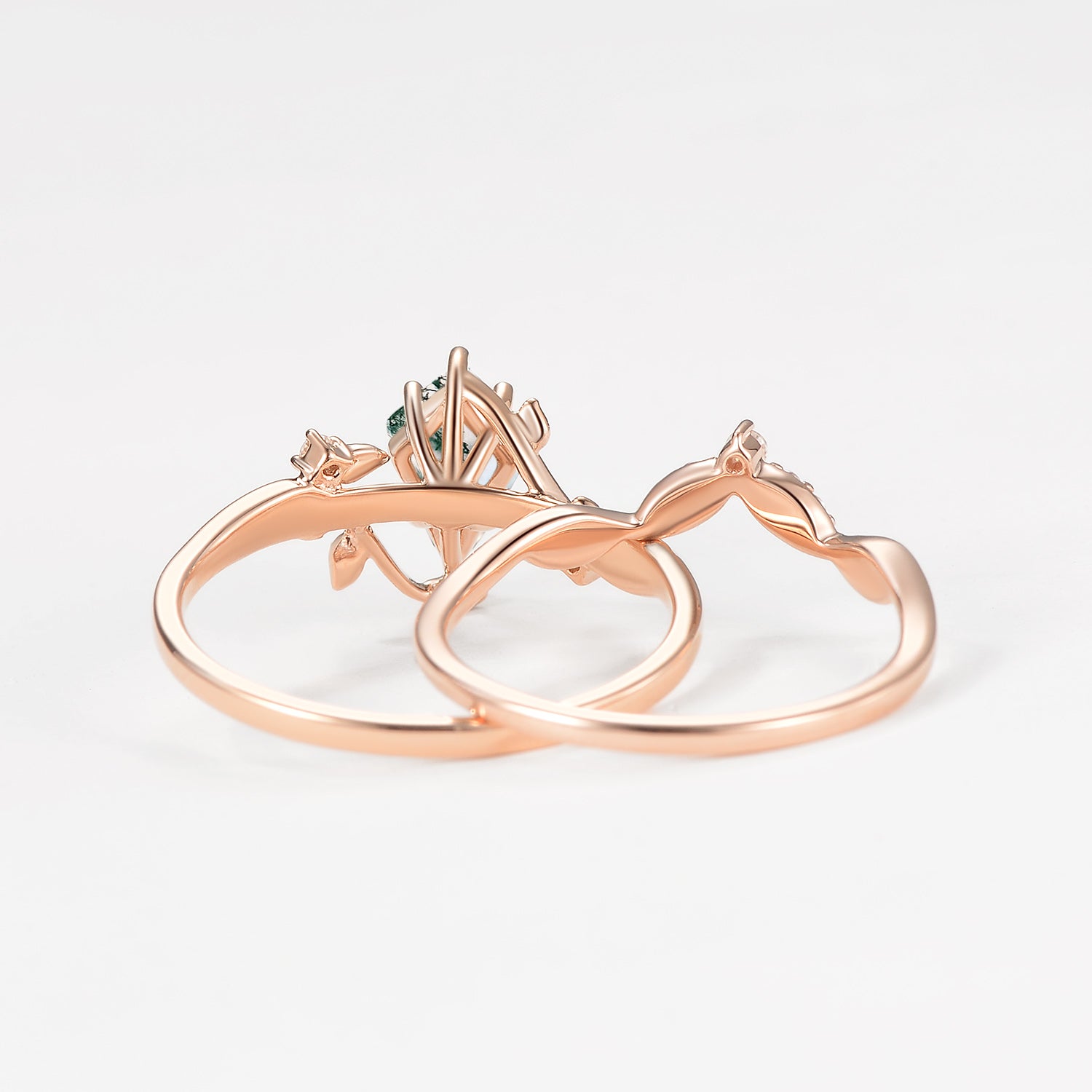 Green Vine Kite Cut Moss Agate Leafy Engagement Ring Sets 2pcs