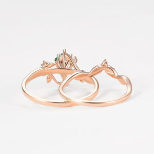 Green Vine Kite Cut Moss Agate Leafy Engagement Ring Sets 2pcs