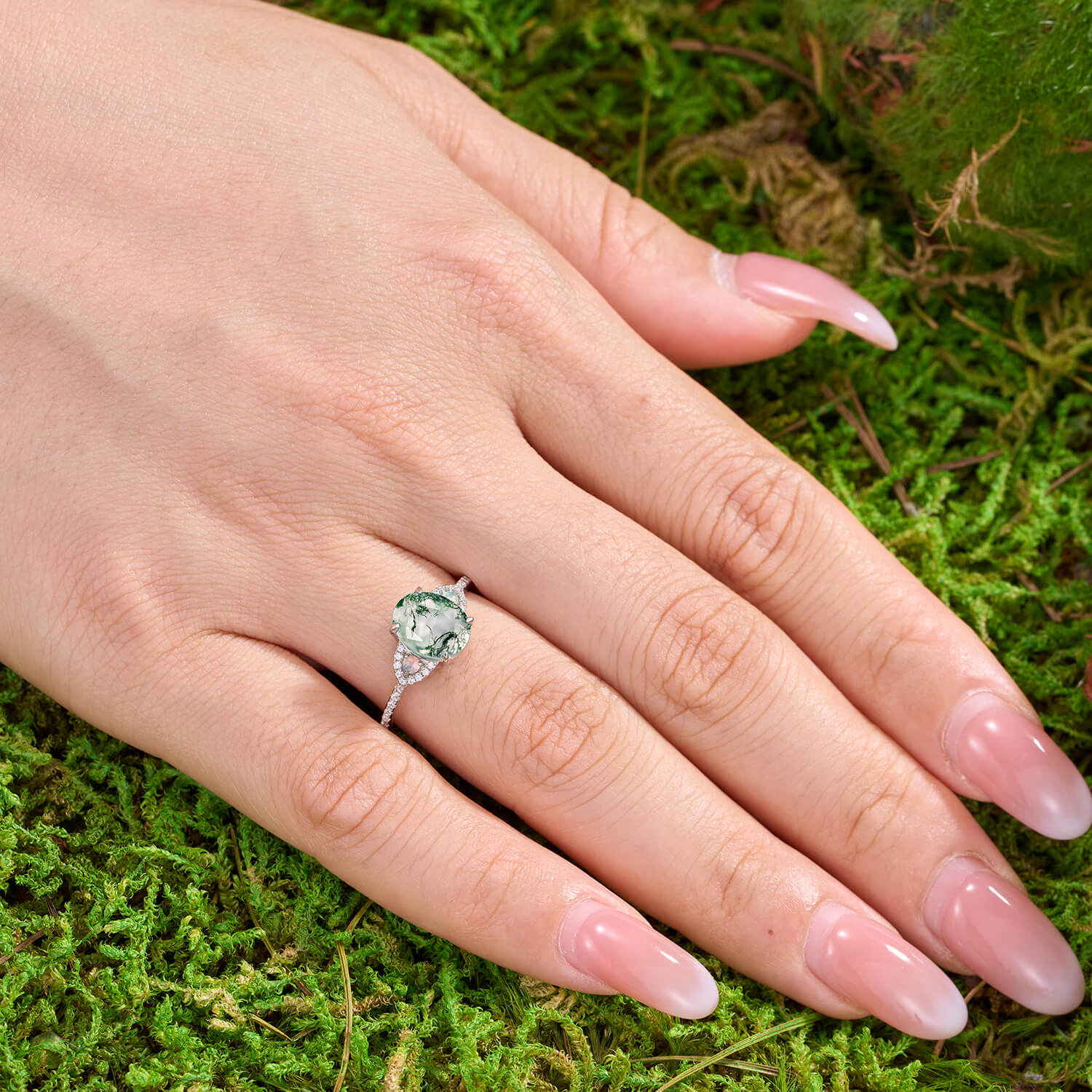 Nature Inspired Oval Cut Moss Agate Engagement Ring