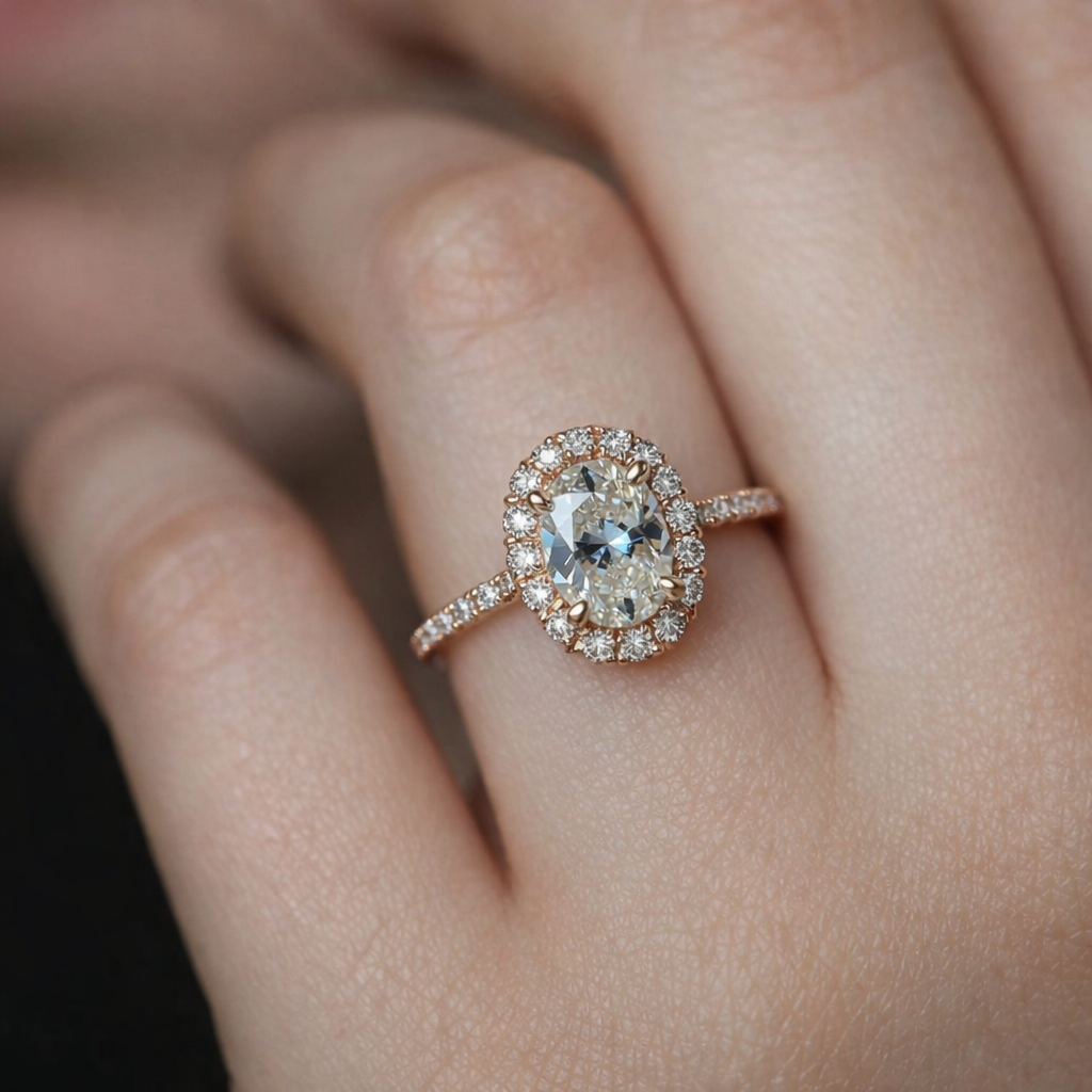 Odette‘s Halo | Oval Moissanite Ring in Morning Light