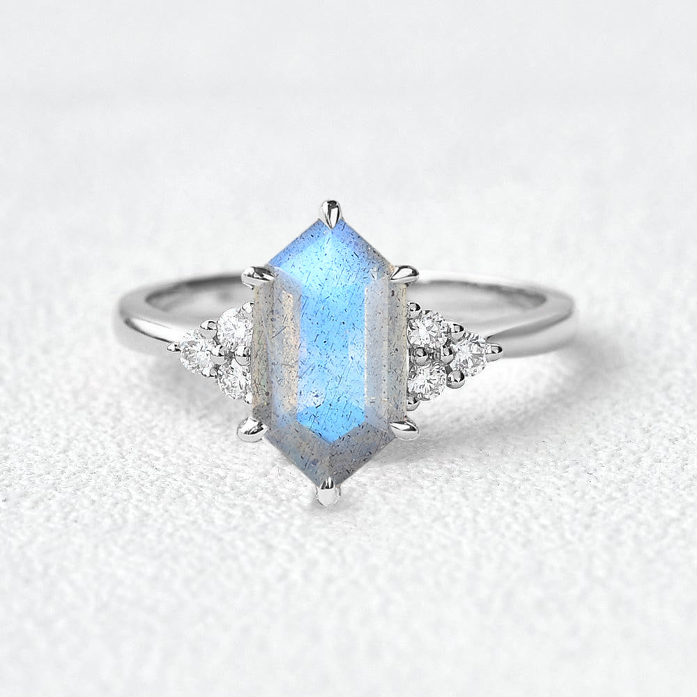 Vintage Hexagon Moss Agate 3 Stone Engagement Ring - Nova