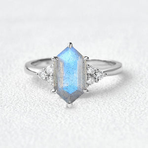 Vintage Hexagon Moss Agate 3 Stone Engagement Ring - Nova