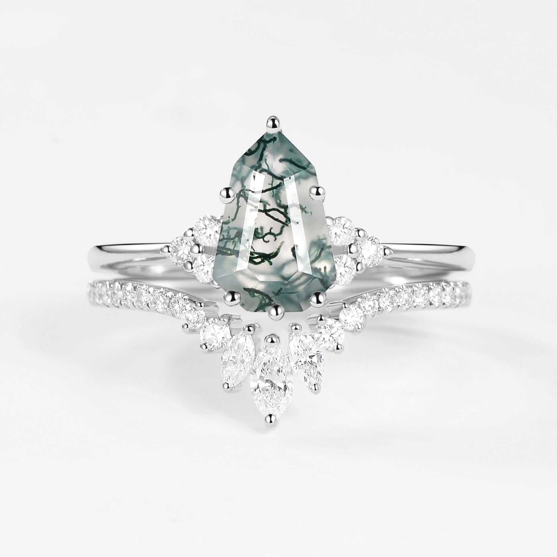 Pear-shaped Fancy Cut Moss Agate Engagement Ring Set 2pcs - Lydia