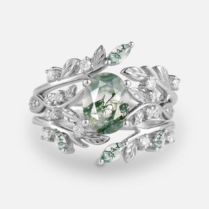 Leafy Oval Cut Moss Agate Engagement Ring Sets 2PCS