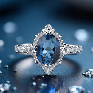 Vintage London Blue Topaz & Moissanite Art Deco Ring