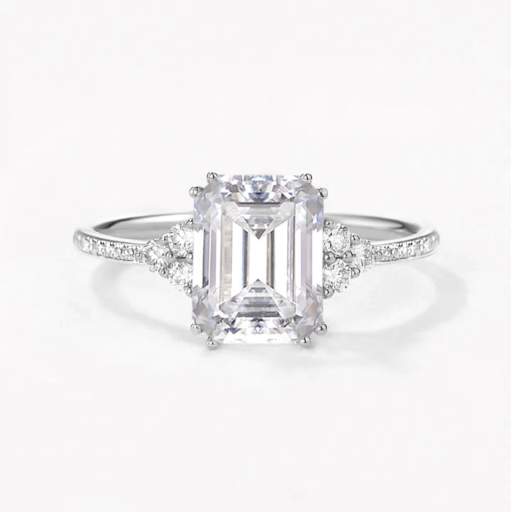 Classic Emerald Cut Moss Agate & Moissanite Cluster Engagement Ring