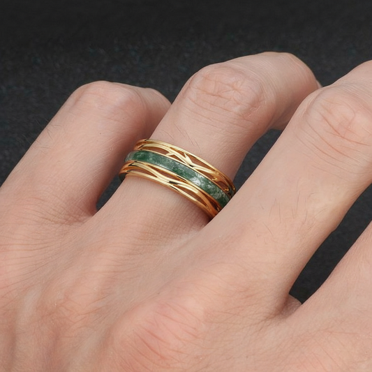 8MM Moss Agate Branch Yellow Gold Men Rings