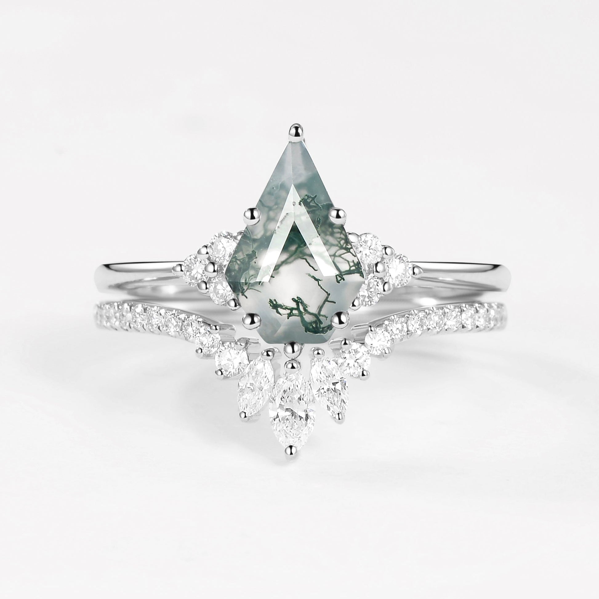 Pentagon Kite Cut Unique Moss Agate Engagement Ring Set 2pcs - Lydia