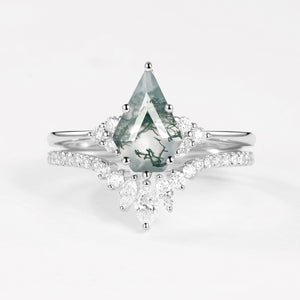 Pentagon Kite Cut Unique Moss Agate Engagement Ring Set 2pcs - Lydia