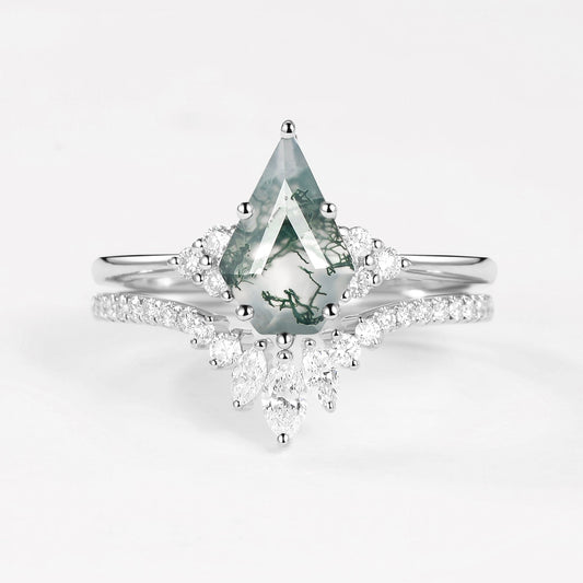 Pentagon Kite Cut Unique Moss Agate Engagement Ring Set 2pcs - Lydia