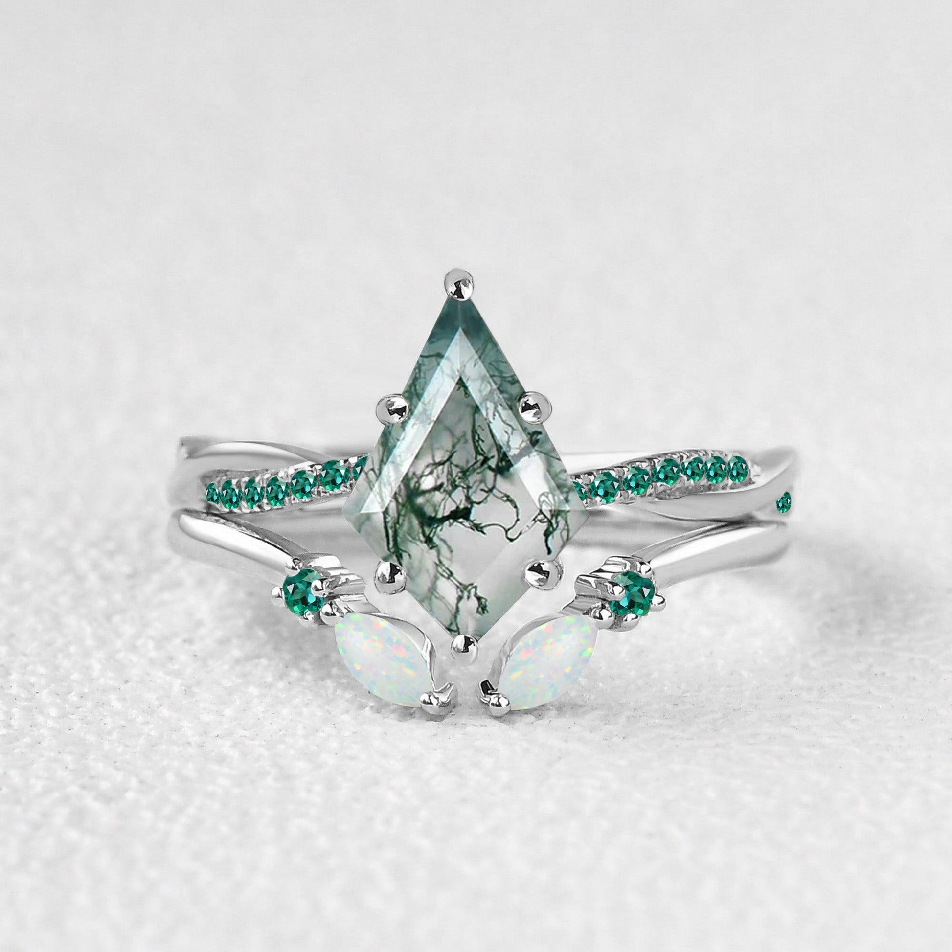 Kite Cut Moss Agate & Emerald & Opal Engagement Ring Set 2pcs