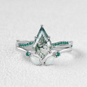 Kite Cut Moss Agate & Emerald & Opal Engagement Ring Set 2pcs