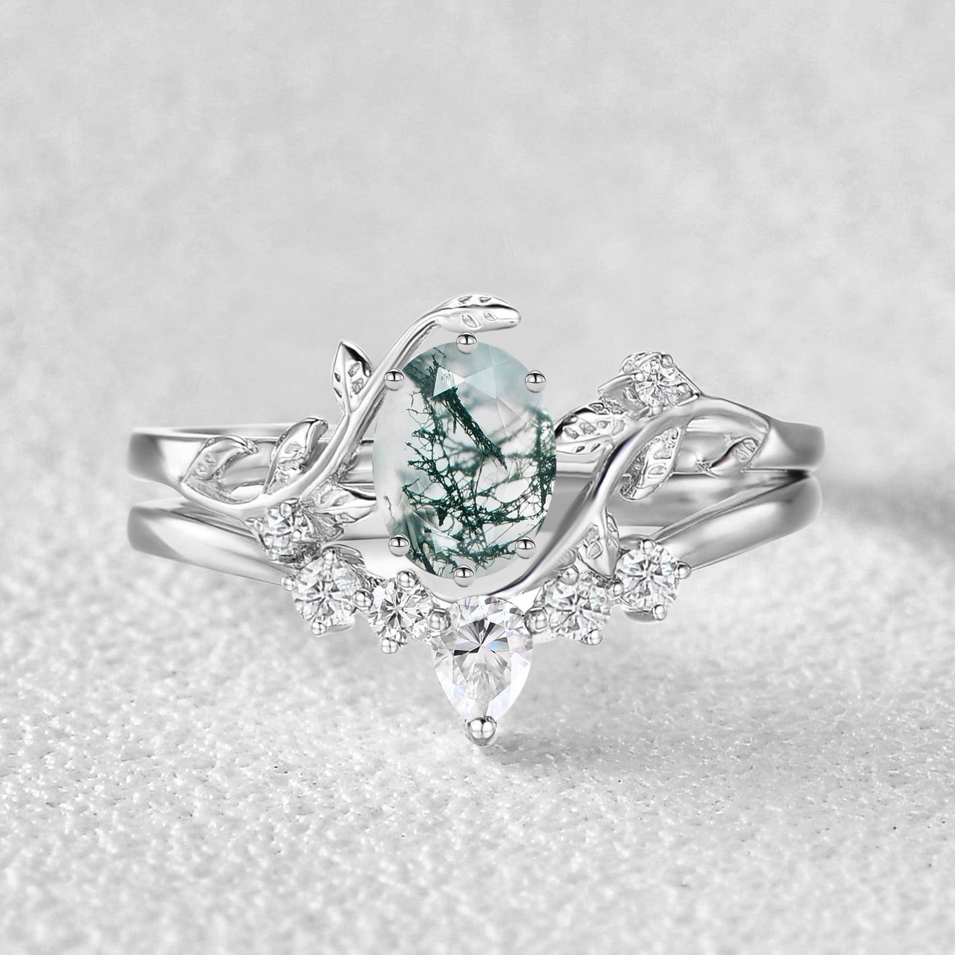 Oval Cut Leafy White Gold Moss Agate Ring Set 2pcs