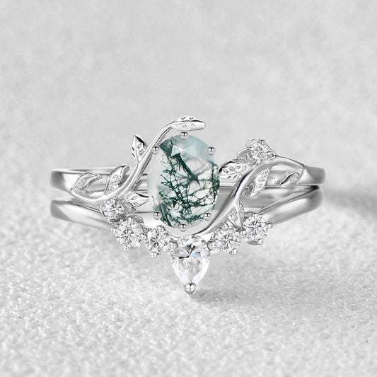 Oval Cut Leafy White Gold Moss Agate Ring Set 2pcs