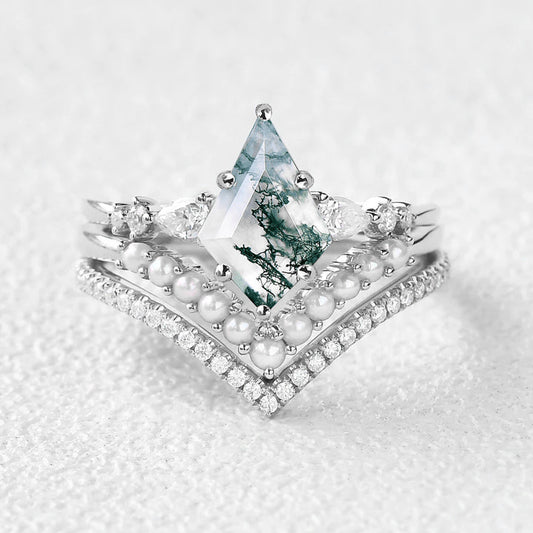 Kite Cut Moss Agate Pearl Stacking Engagement Bridal Set 3pcs