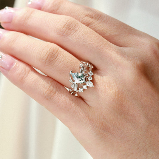 Willow Nature Inspired Unique Kite Cut Moss Agate Leafy Bridal Ring Sets 2pcs