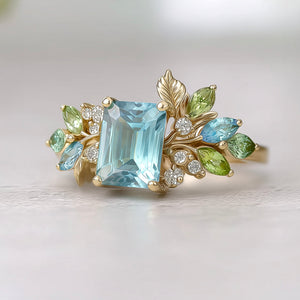 Blooming Birthstone Ring, Blue Aquamarine Engagement Ring, Aquamarine Engagement ring
