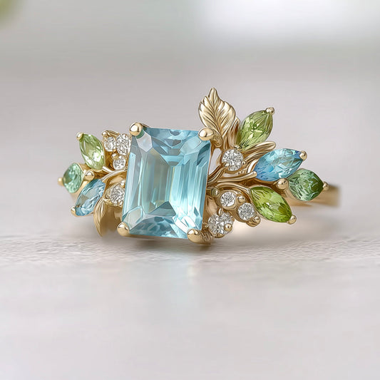 Blooming Birthstone Ring, Blue Aquamarine Engagement Ring, Aquamarine Engagement ring