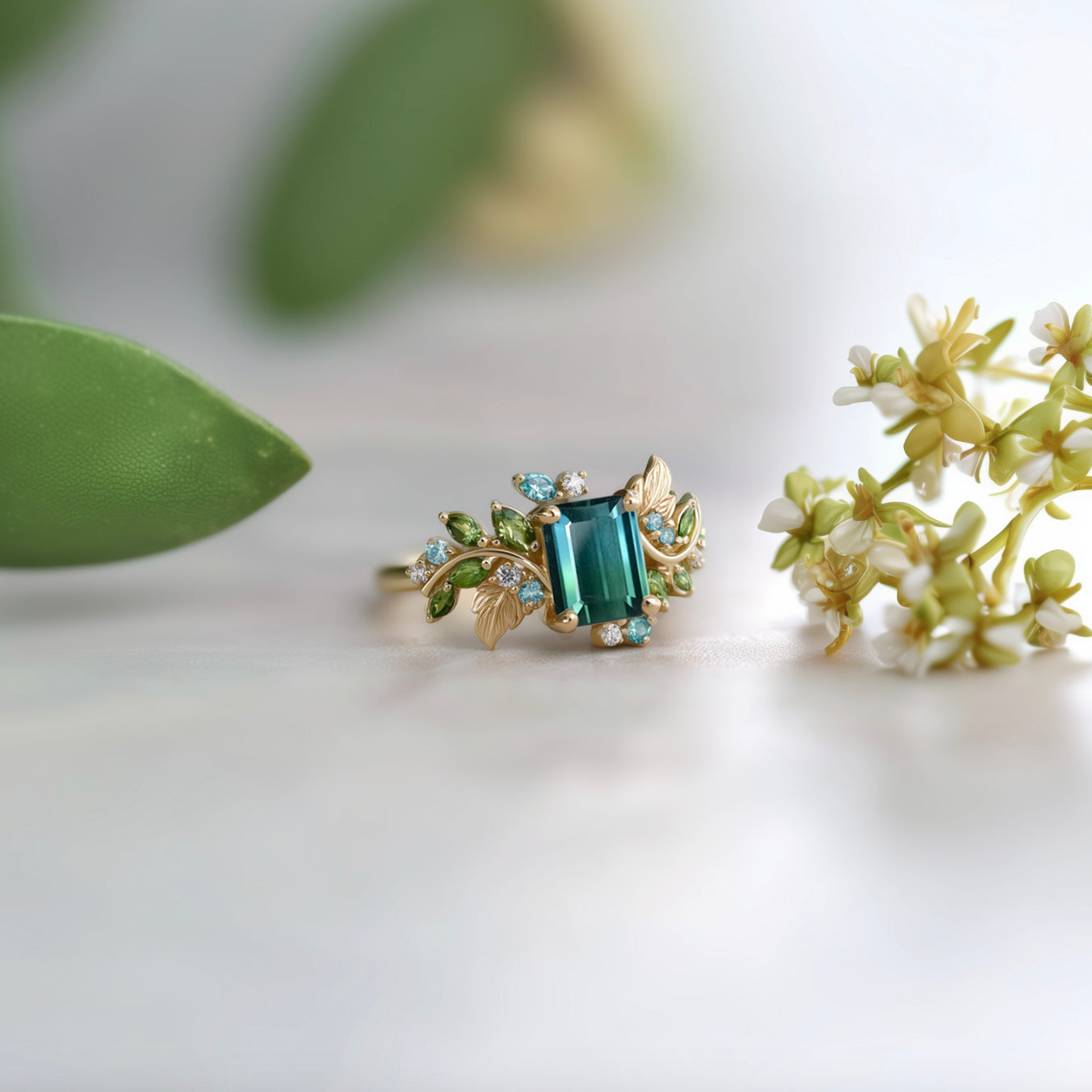 Blue Green Tourmaline Engagement Ring, Solid Gold Tourmaline Engagement Ring