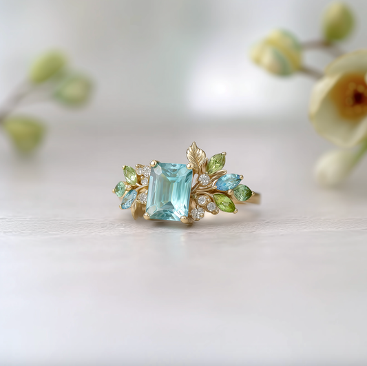 Blooming Birthstone Ring, Blue Aquamarine Engagement Ring, Aquamarine Engagement ring