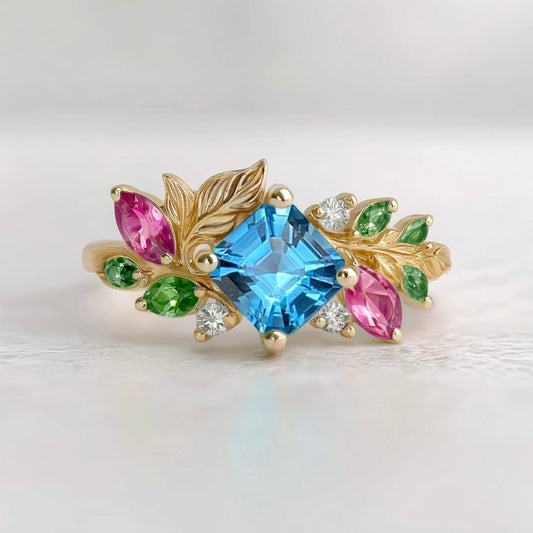 Swiss Blue Topaz Engagement Ring, Asscher cut Topaz Engagement ring, Solid Gold Nature Inspired Leafy Engagement Ring