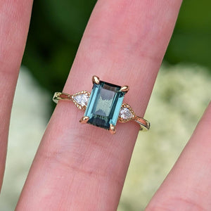 2CT Emerald Cut Green Gemstone Leafy Engagement Ring