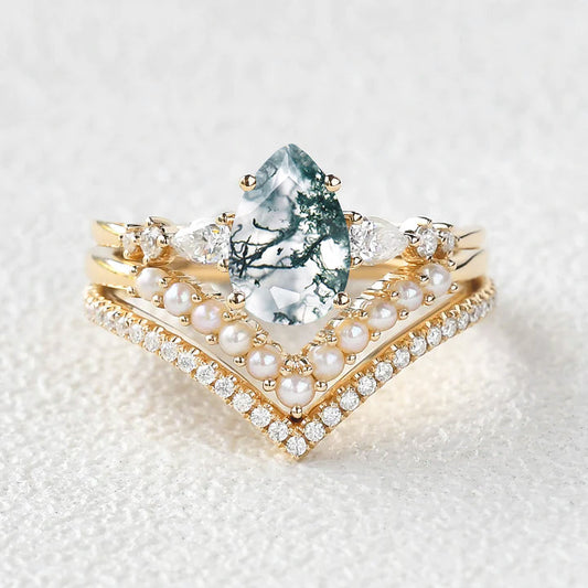Pear Shaped Moss Agate Pearl Stacking Engagement Ring Set 3pcs