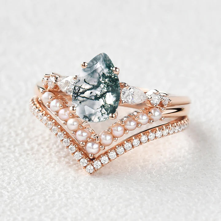 Pear Shaped Moss Agate Pearl Stacking Engagement Ring Set 3pcs