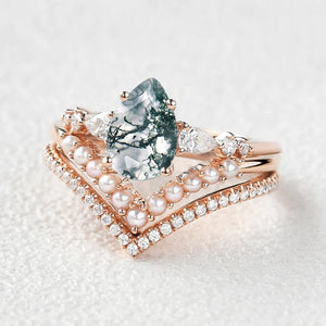 Pear Shaped Moss Agate Pearl Stacking Engagement Ring Set 3pcs