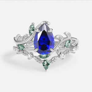 Daphne Pear Cut Moss Agate Vine Engagement Ring Set 2pcs