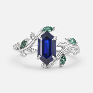 Vintage Hexagon Cut Moss Agate Leafy Engagement Ring