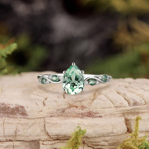 Nature Pear Cut Moss Agate Vine Engagement Ring