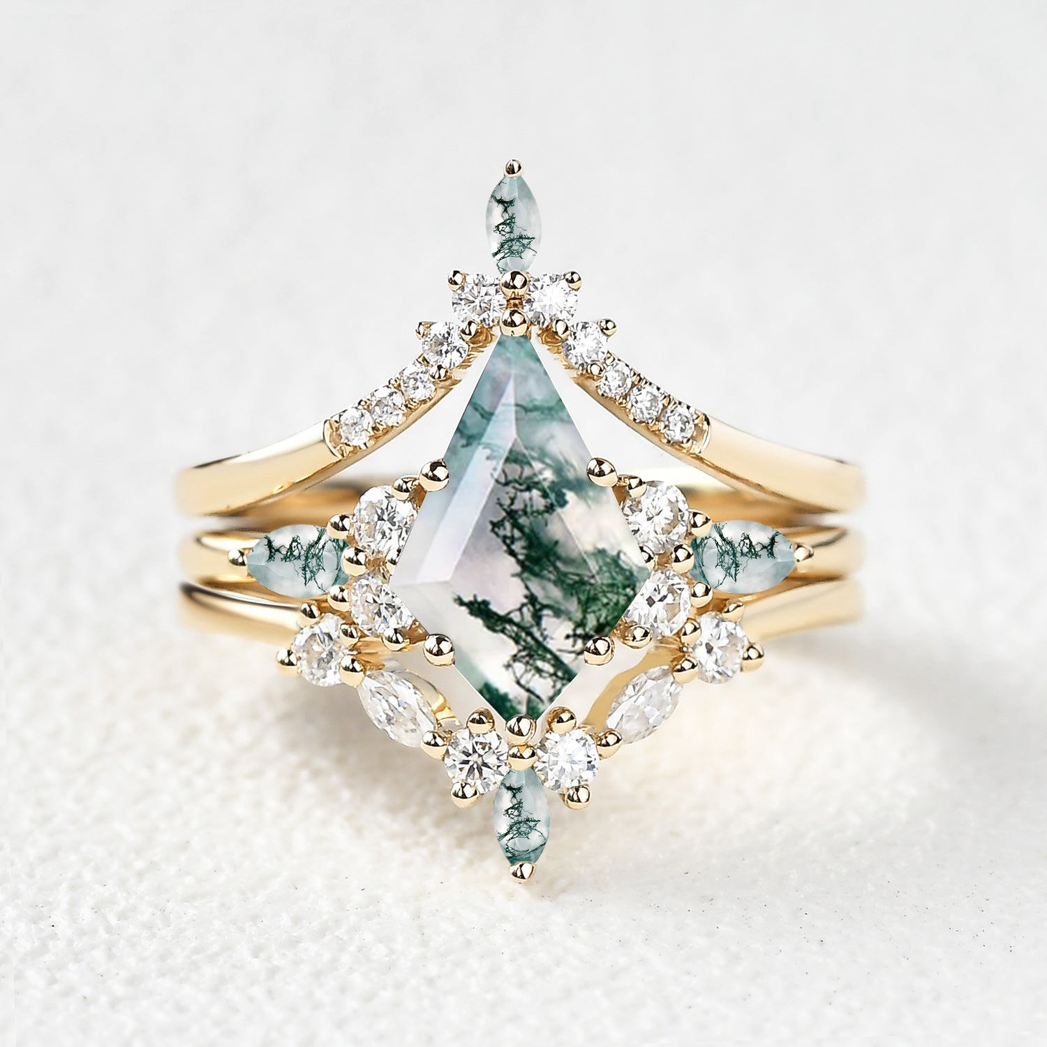 Tessa Unique Kite Cut GreenMoss Agate Chevron Engagement Ring Set 3pcs