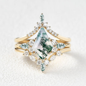 Tessa Unique Kite Cut GreenMoss Agate Chevron Engagement Ring Set 3pcs