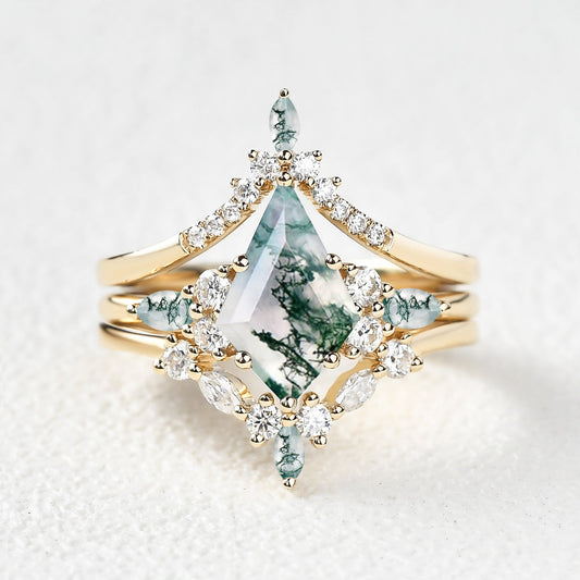 Tessa Unique Kite Cut GreenMoss Agate Chevron Engagement Ring Set 3pcs