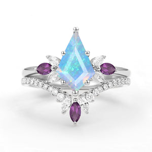 Butterfly Fairy - Unique Kite Cut Moss Agate & Amethyst Engagement Ring Set 2pcs