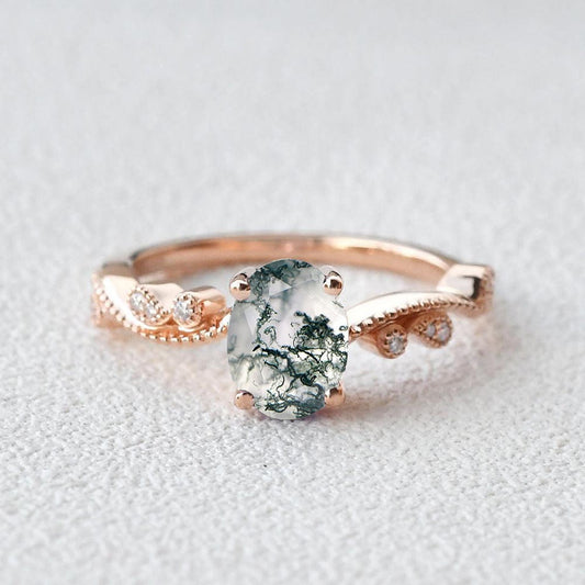 1.5ct Moss Agate Leafy Milgrain Vintage Solitaire Ring