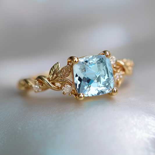 Clear Blue Aquamarine Engagement Ring, Cushion Aquamarine Engagement ring